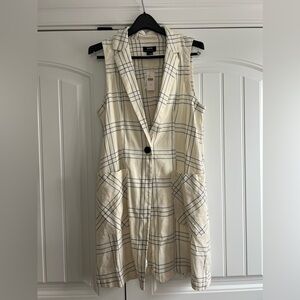 Anthropologie Black & White Plaid Linen Long Vest